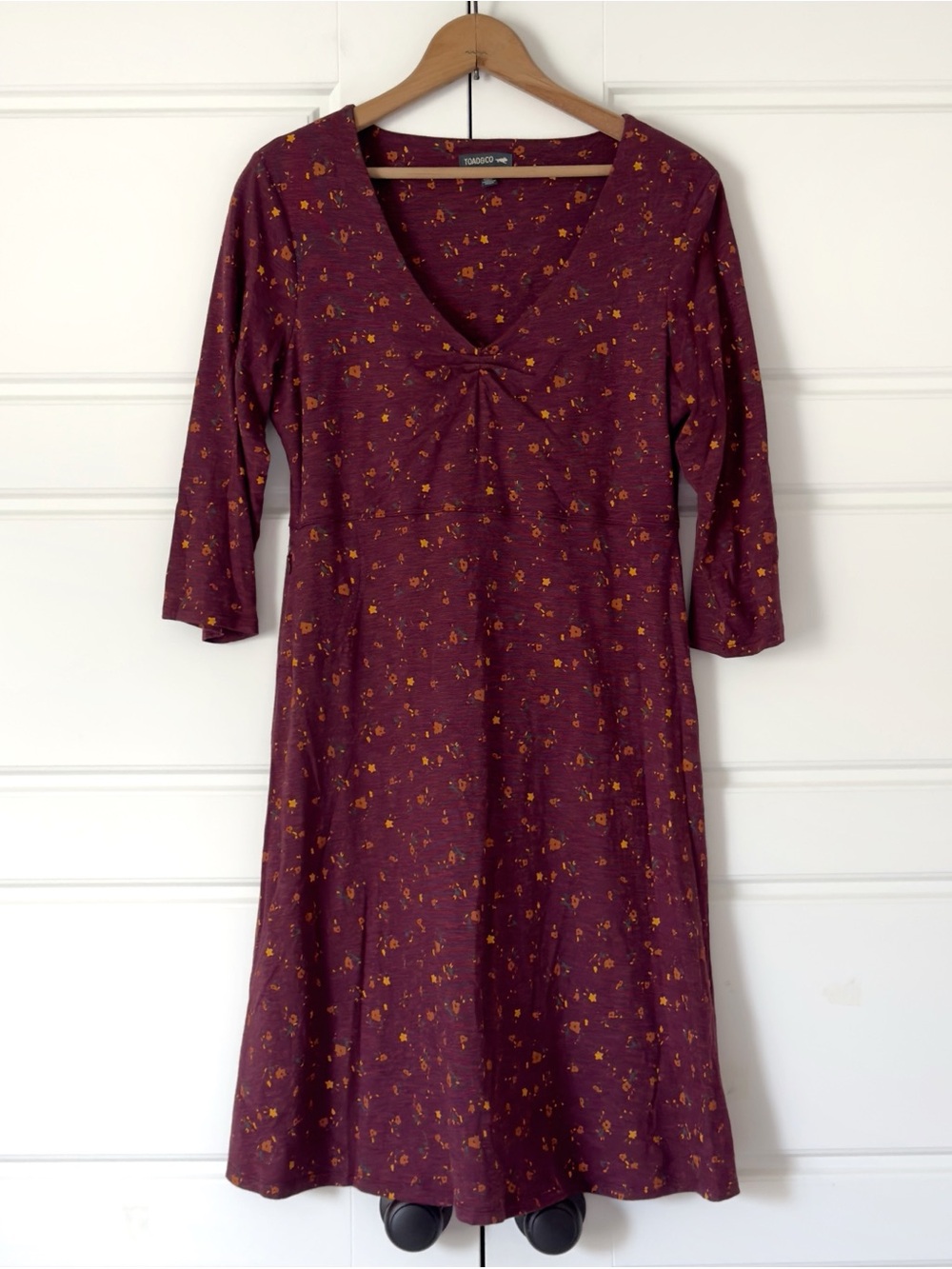 Toad Co Floral Rosalinda Dress M Burgundy Empire Waist 3/4 Sleeve Stretch Eco